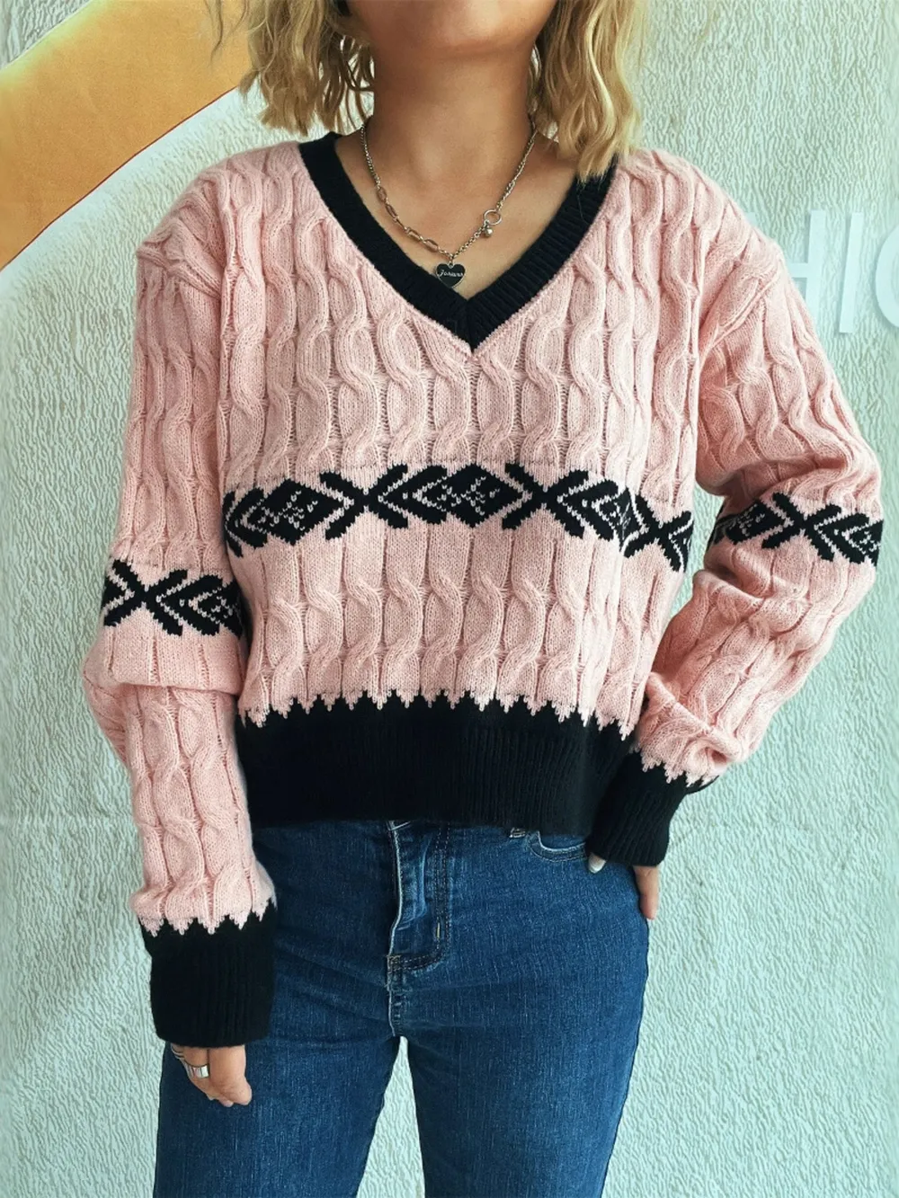 Cable Knit V-Neck Sweater, image 7