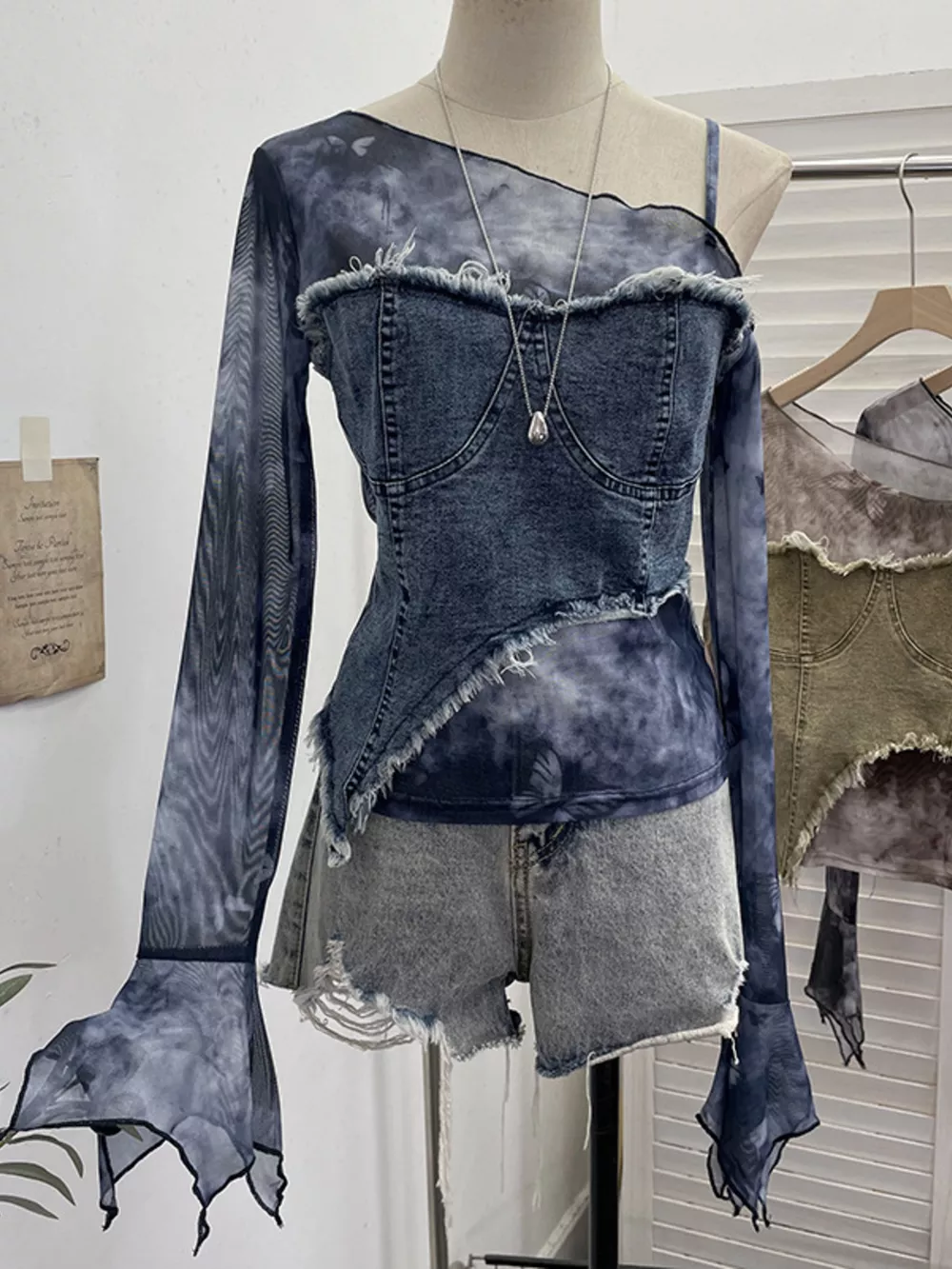 Asymmetrical Neck Denim Patchwork Top, image 3