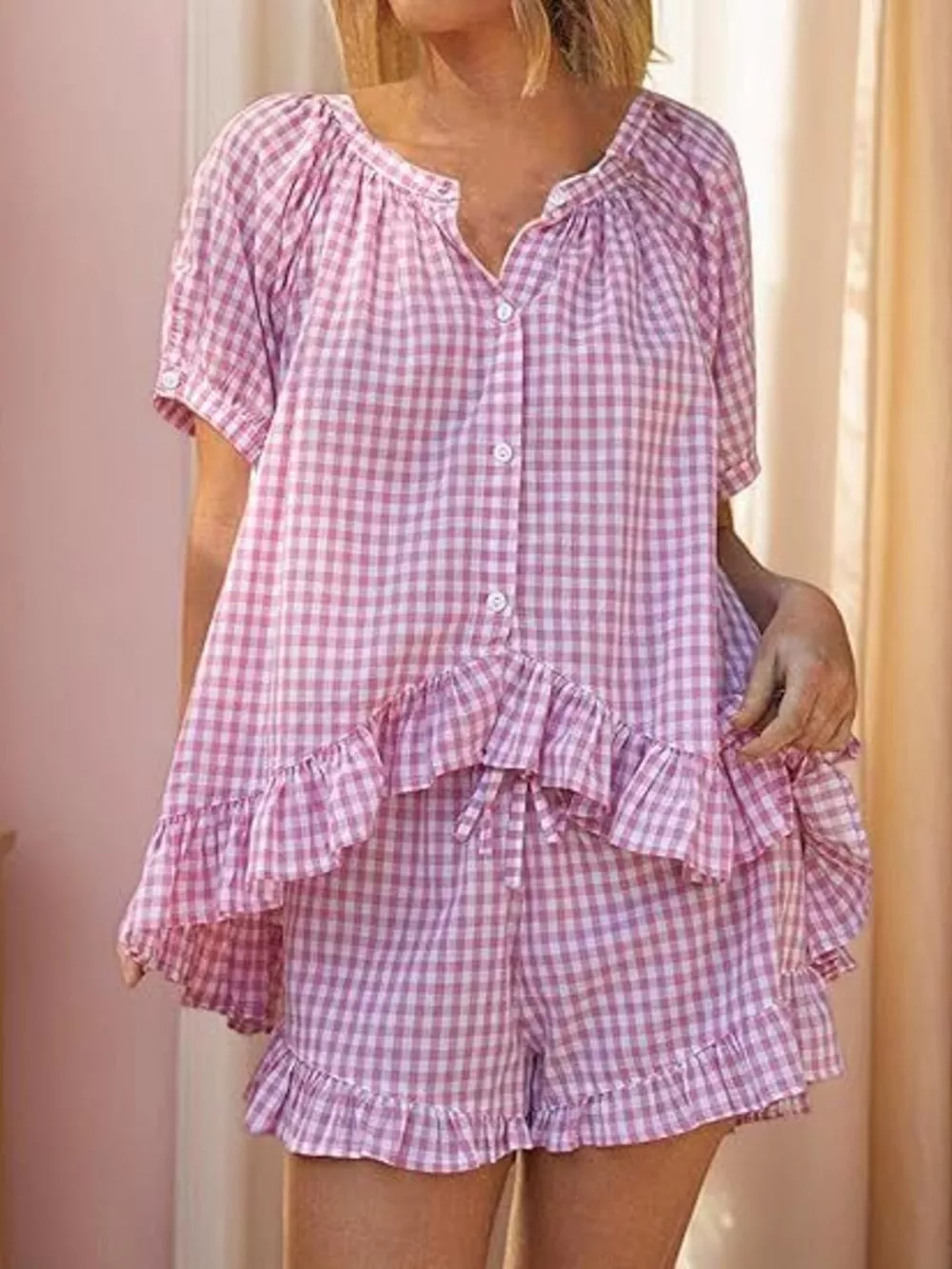 Gingham Ruffle Trim Top and Shorts Set, image 6