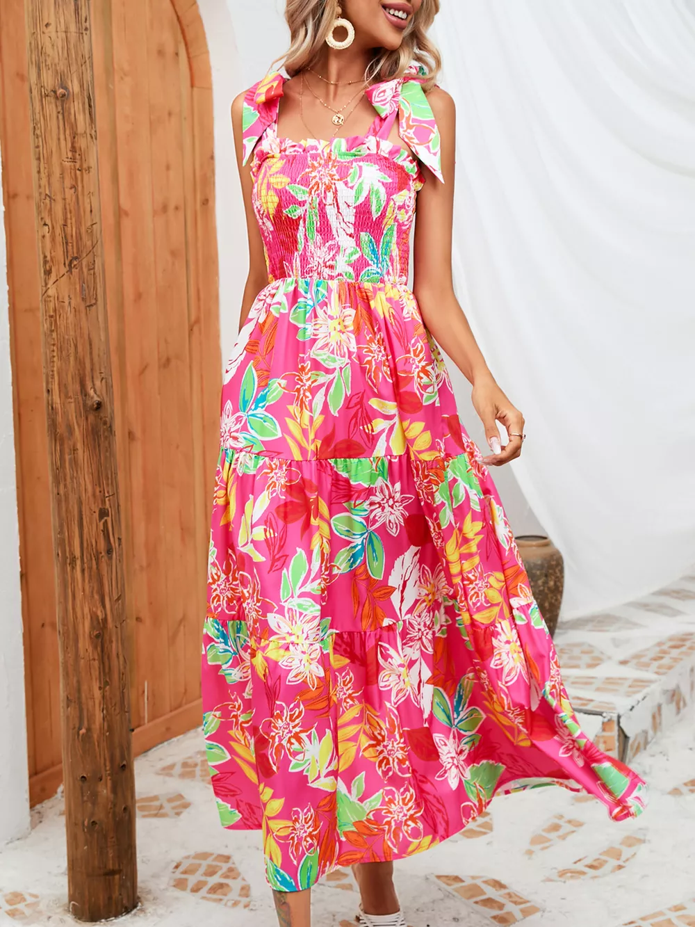 Tropical Print Smocked Tie-Strap Dress, image 11
