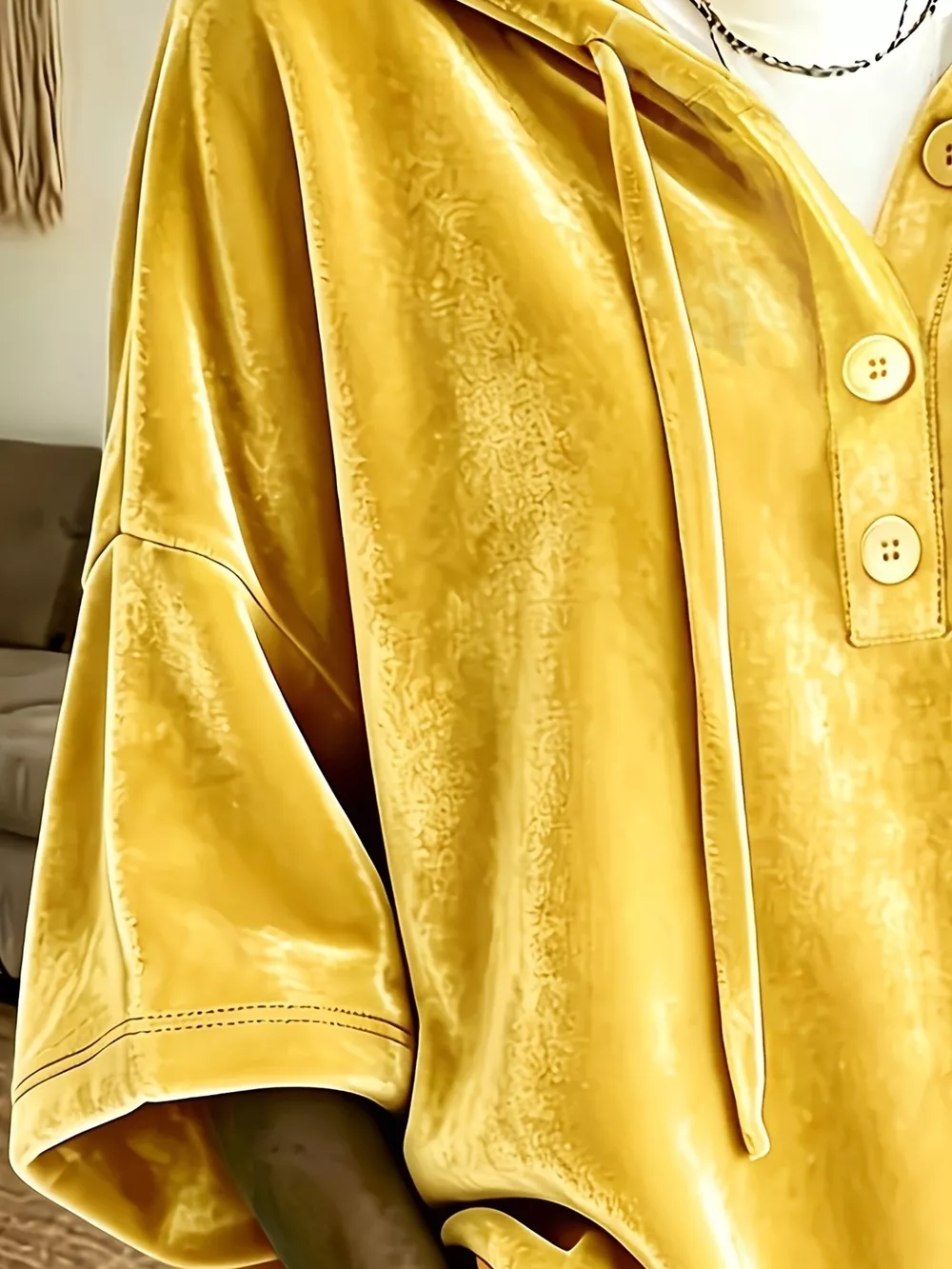 Full Size Velvet Button Detail Drawstring Hoodie Plus Size, image 17