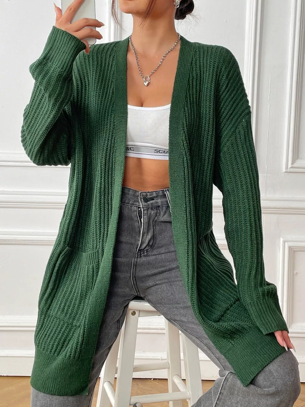 Open Front Drop Shoulder Cardigan, image 2