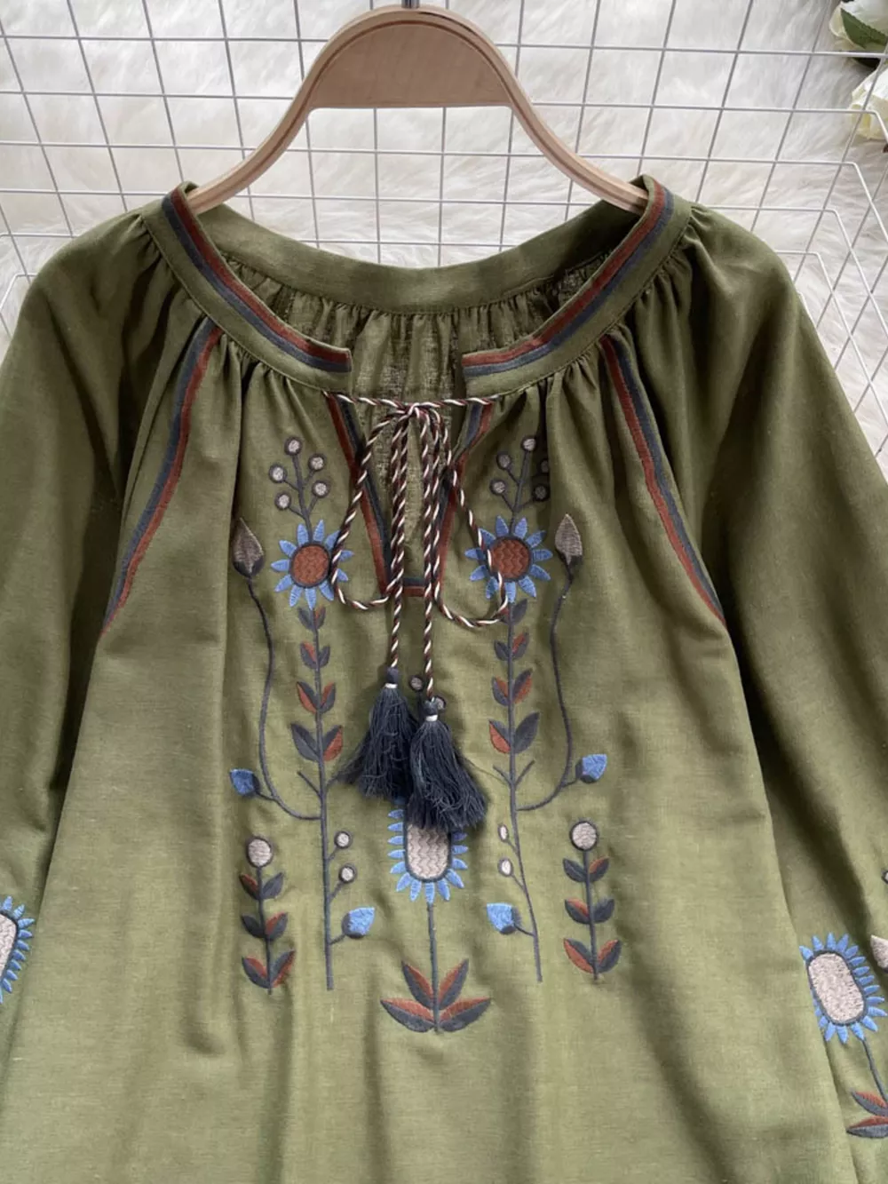 Embroidered Tie Neck Blouse, image 8