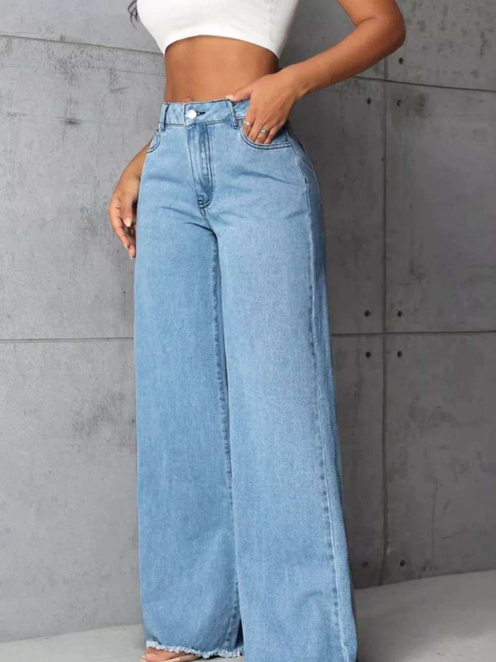 Full Size High-Waisted Wide Leg Raw Hem Jeans Plus Size, image 5