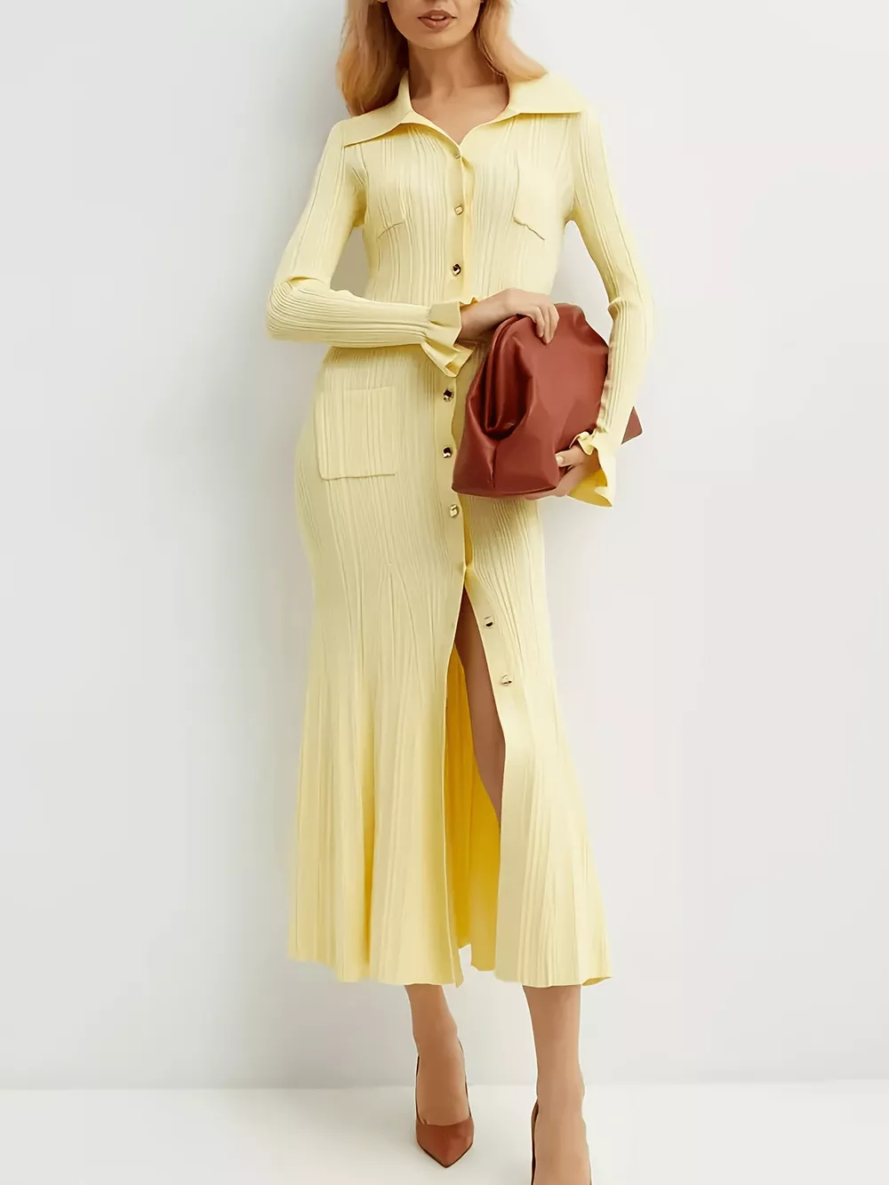 Button-Down Flounce Sleeve Sweater Dress