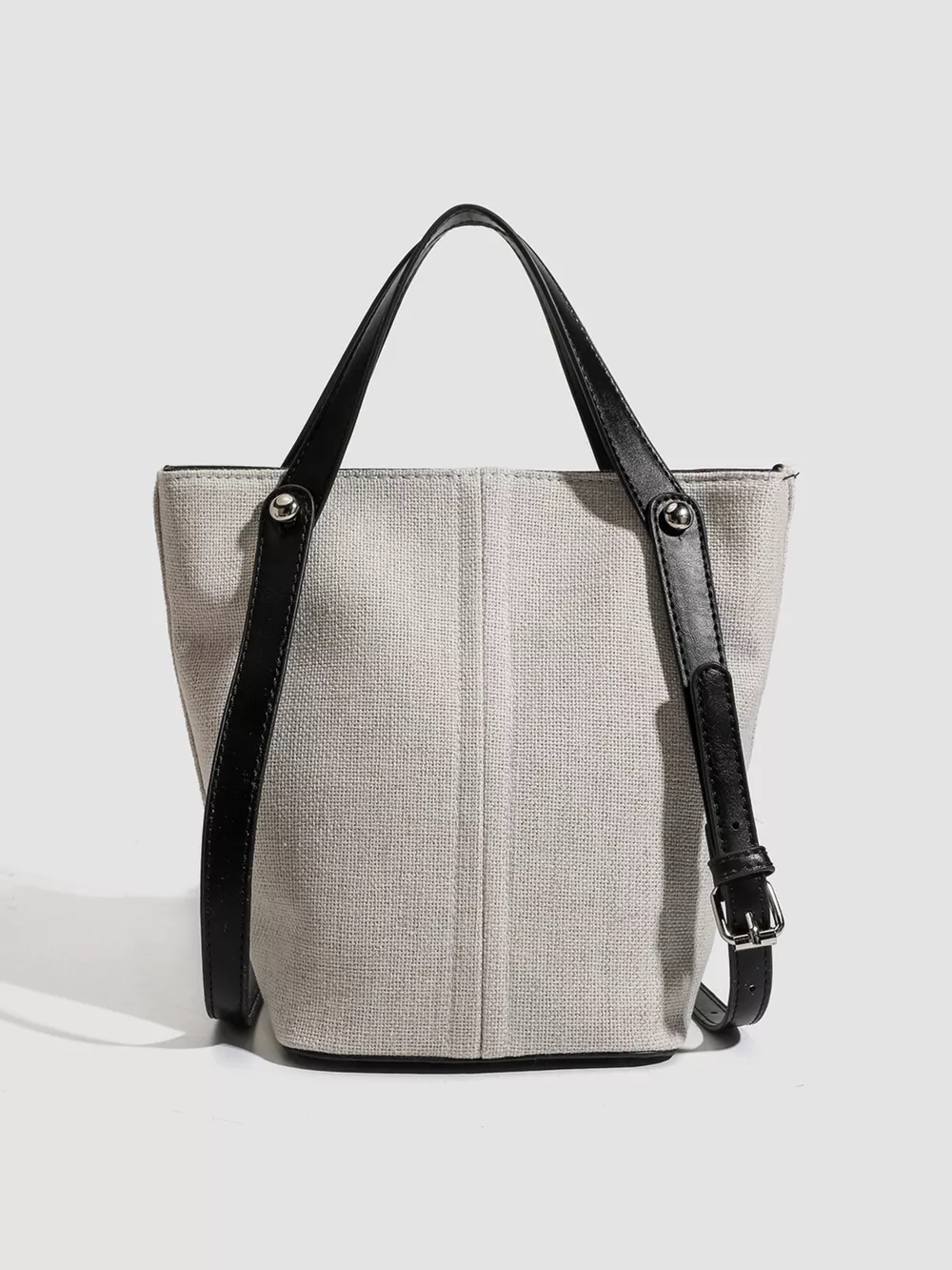 Canvas Bucket Handbag with Contrast Leather Straps, image 4
