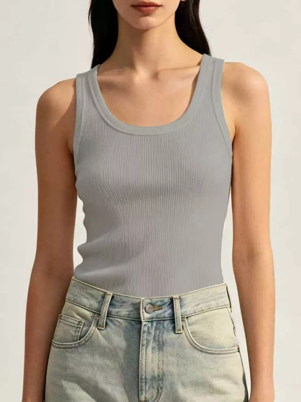 Ribbed Knit U-Neck Tank, image 3