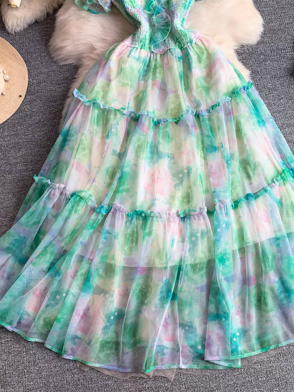Smocked Floral Tiered Mesh Midi Dress, image 11
