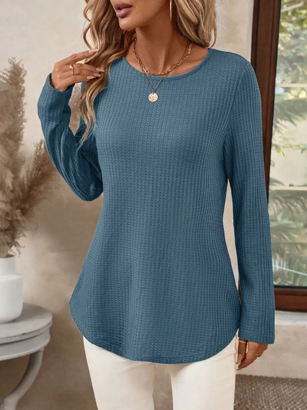 Plus Size Casual Waffle Knit Long Sleeve T-Shirt, image 15