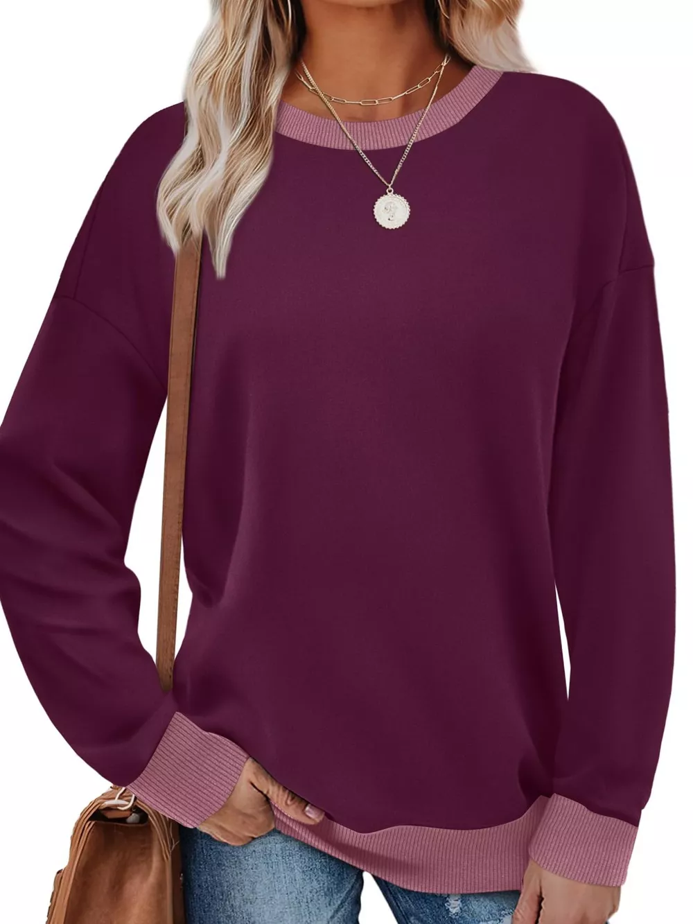 Contrast Trim Crew Neck Casual Sweatshirt, image 22
