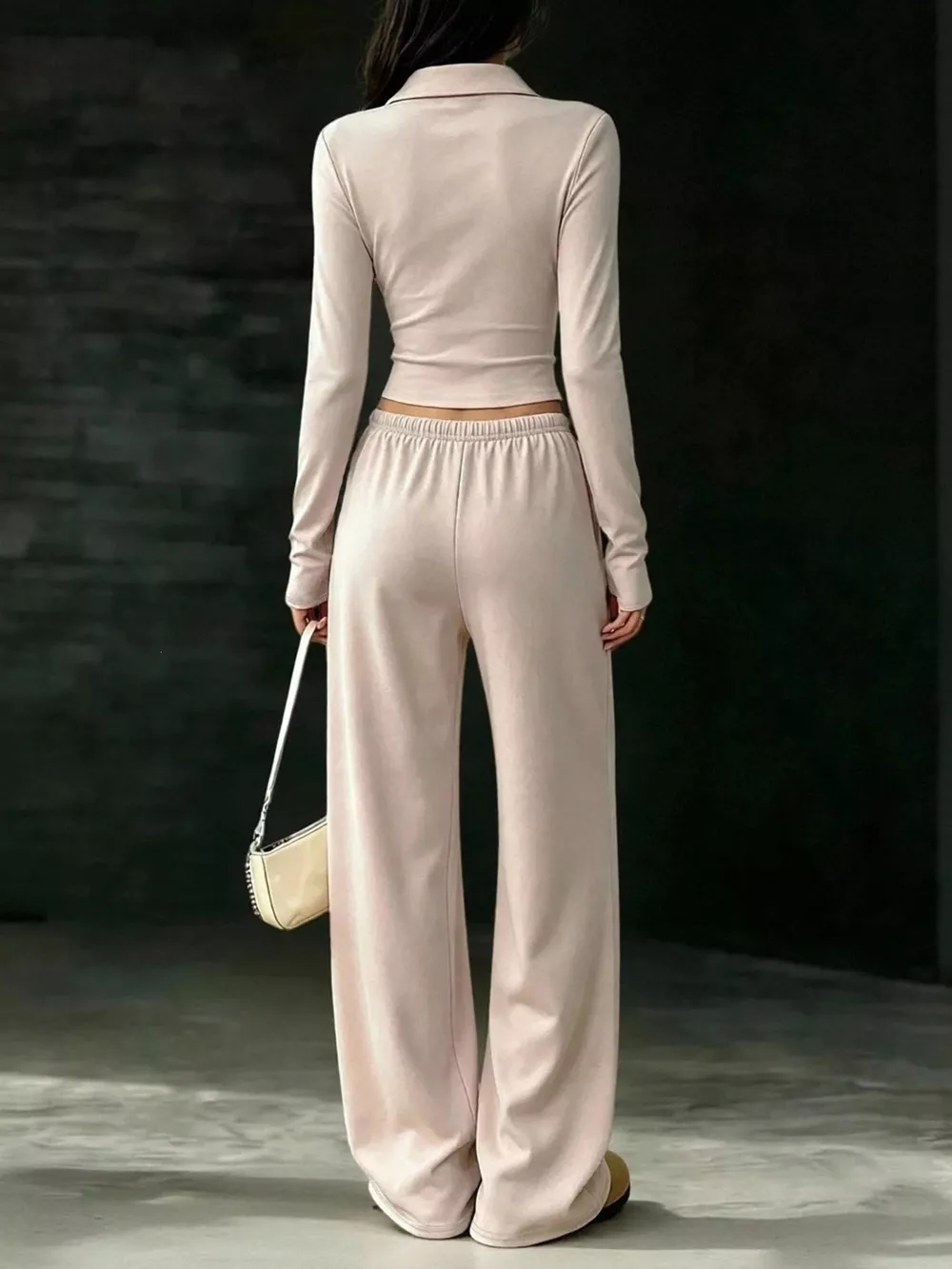 Solid Color Long Sleeve Polo Collar Top and Wide Leg Pants Set, image 5