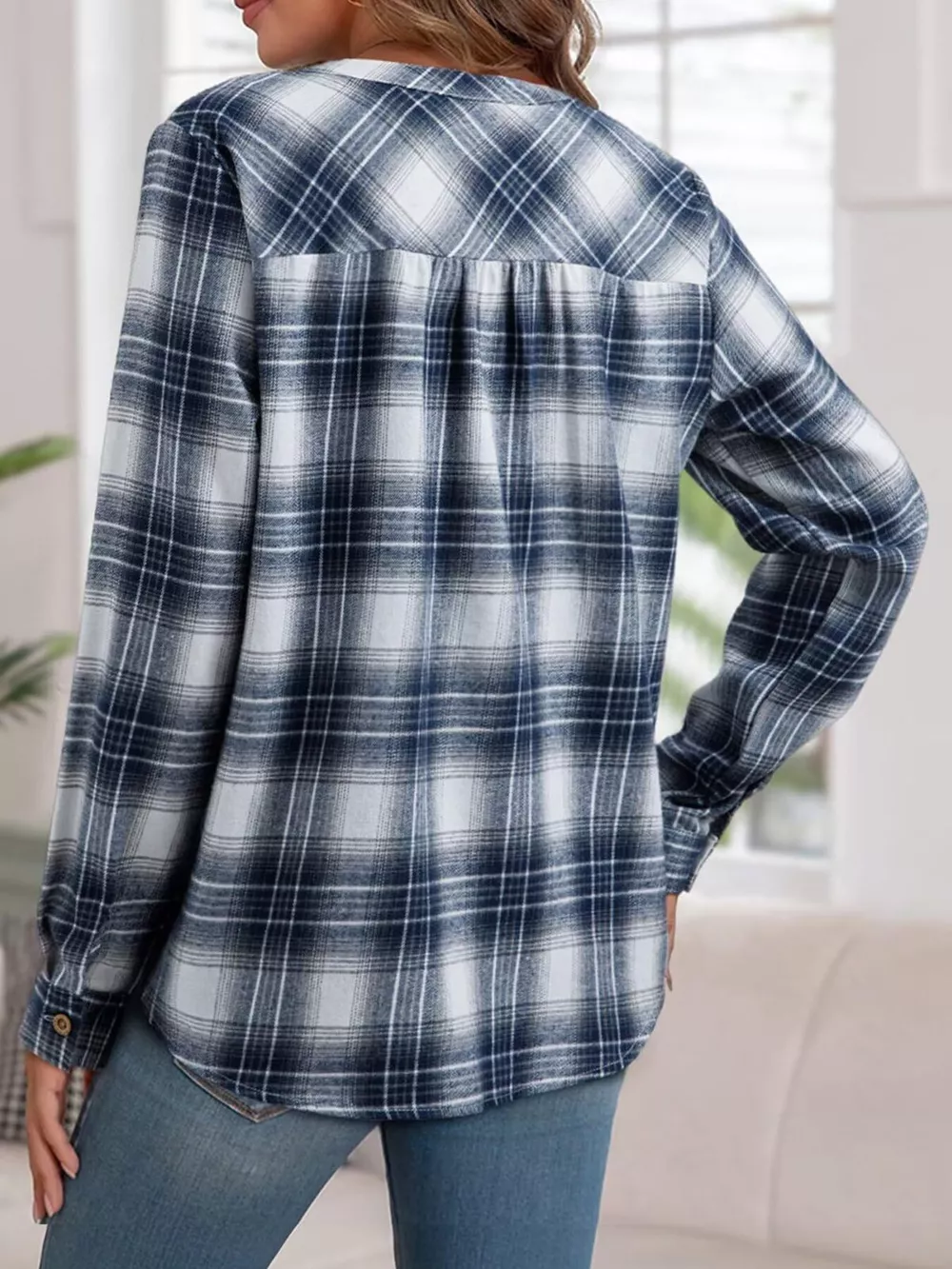 Plaid Half Button Long Sleeve Blouse, image 20