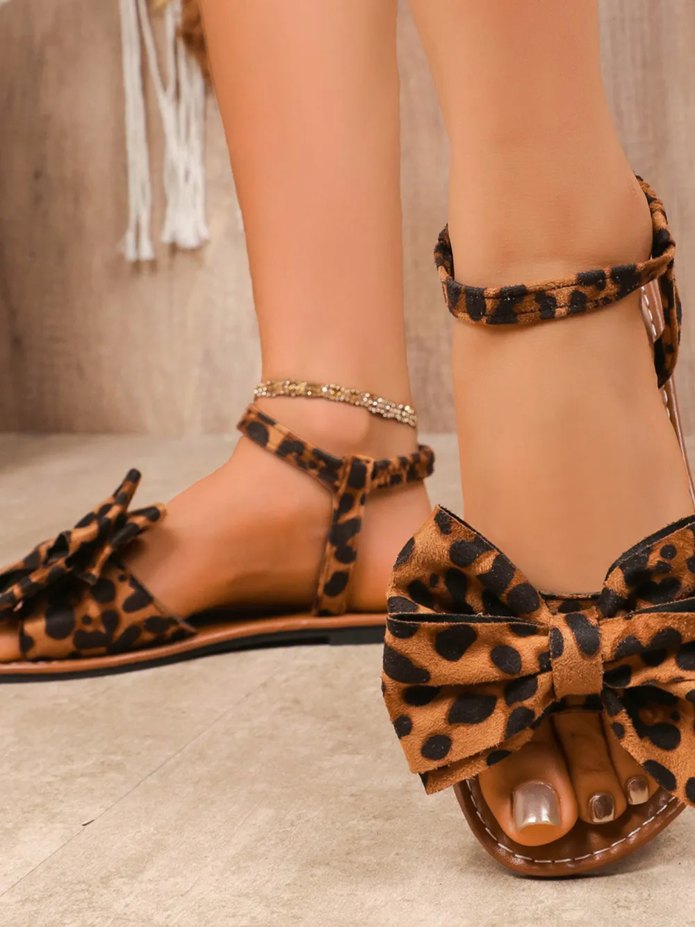 Leopard Print Bow Ankle Strap Flat Sandals, image 3