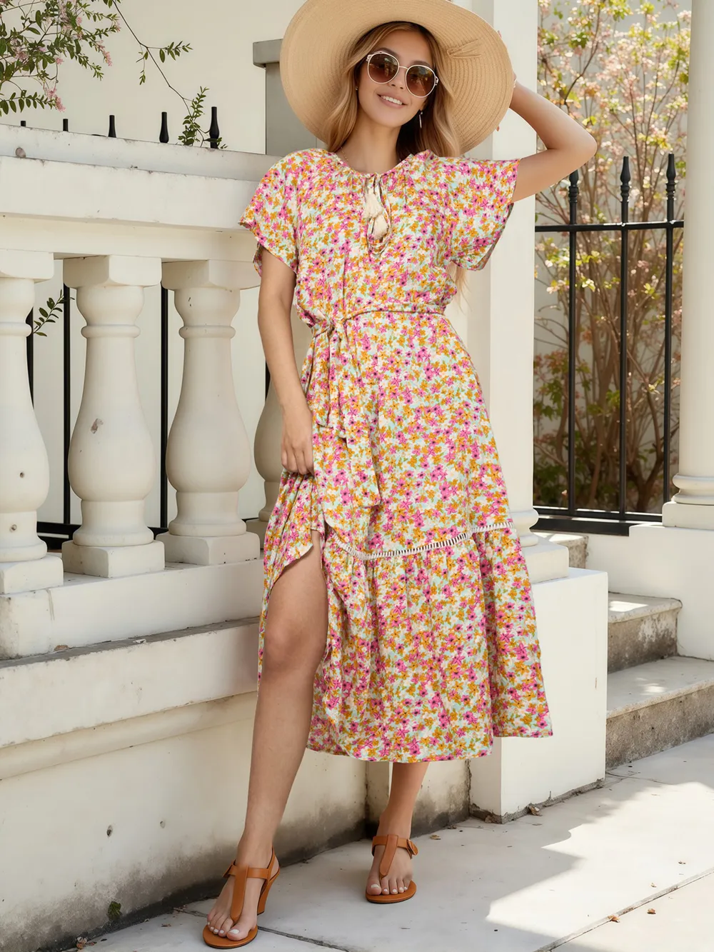 Floral Print Ruffle Hem Midi Dress, image 2