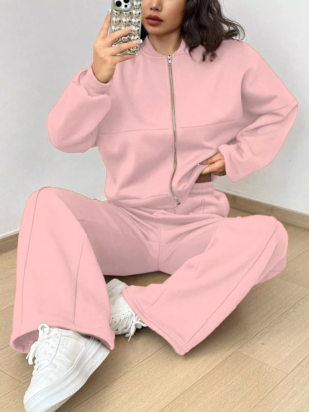 Casual Solid Color Zipper Jacket and Wide Leg Pants Set, image 5