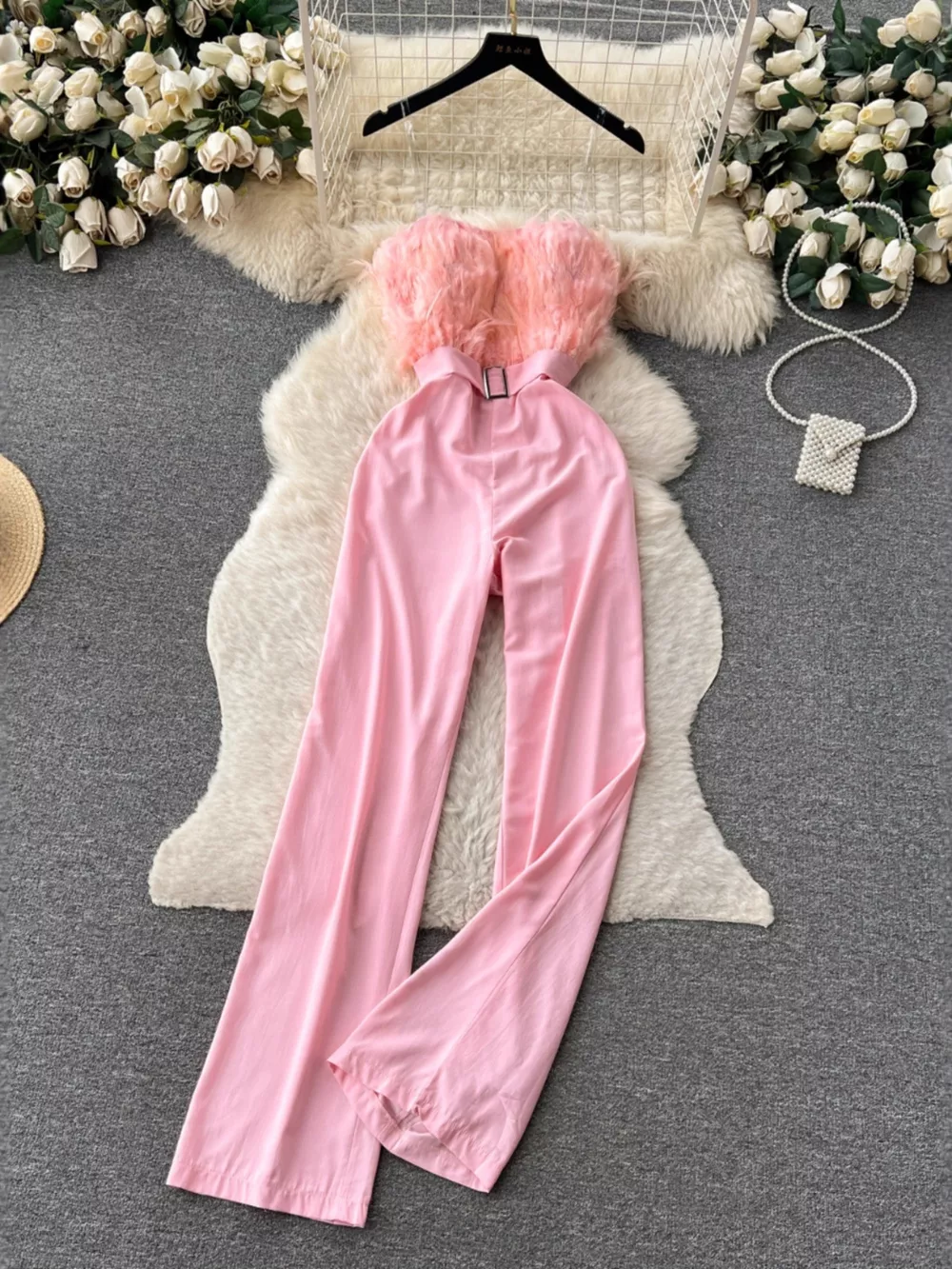 Feather Trim Strapless Wide Leg Jumpsuit, image 14