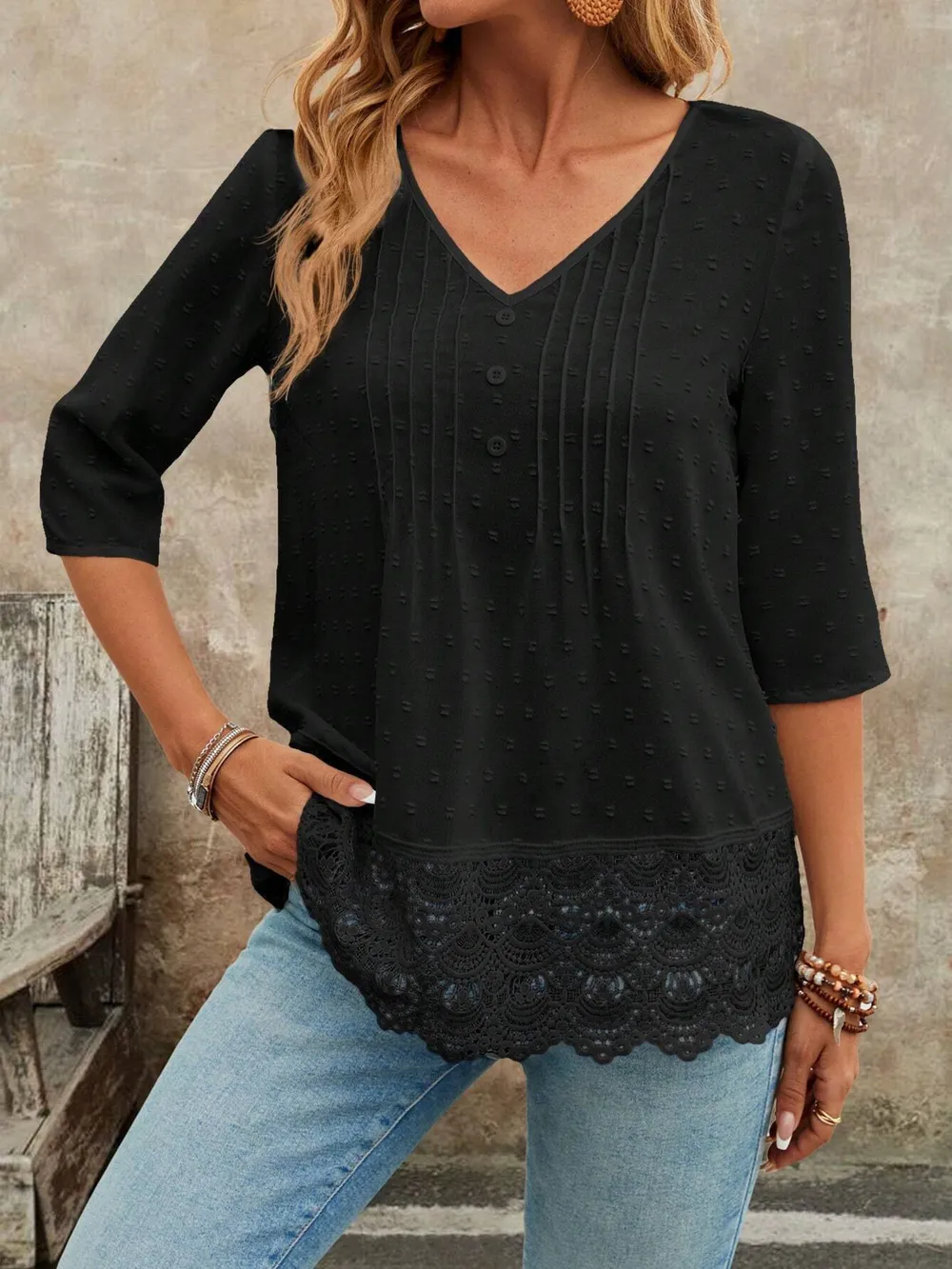 Lace Hem V-Neck Blouse, image 22