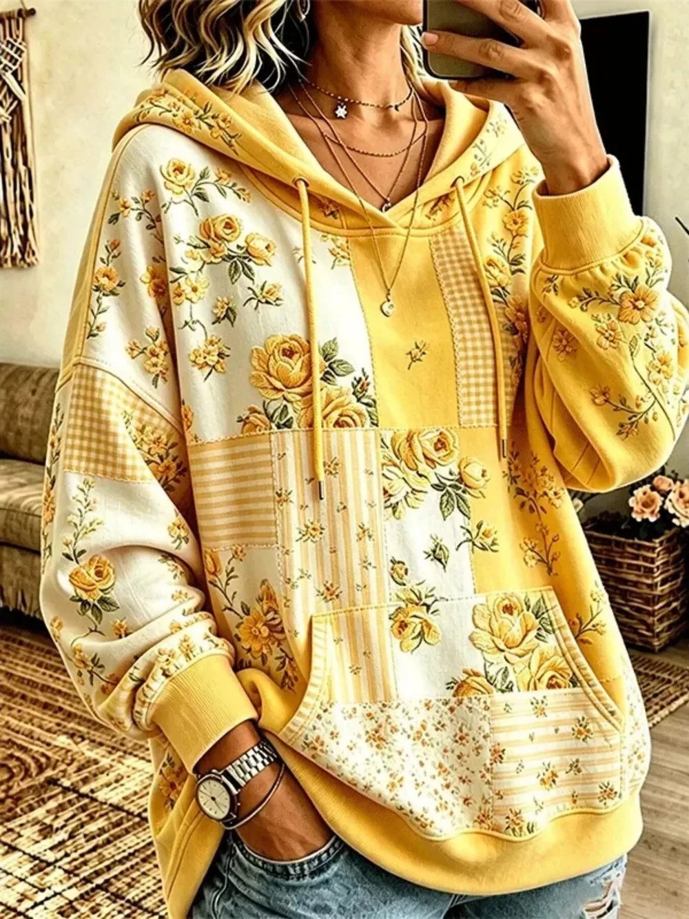 Full Size Drawstring Floral Dropped Shoulder Hoodie Plus Size, image 3