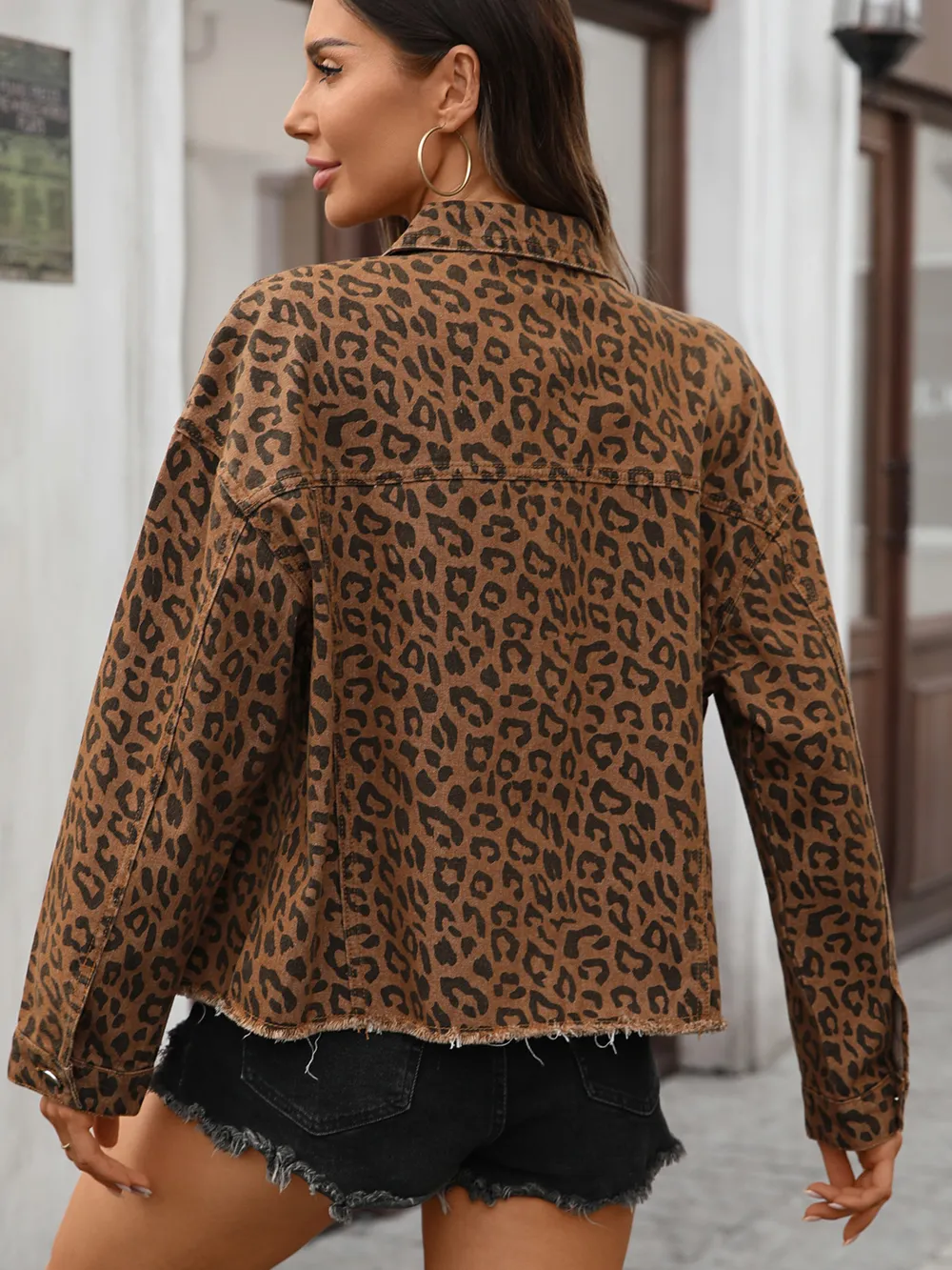 Leopard Print Raw Hem Denim Jacket, image 5