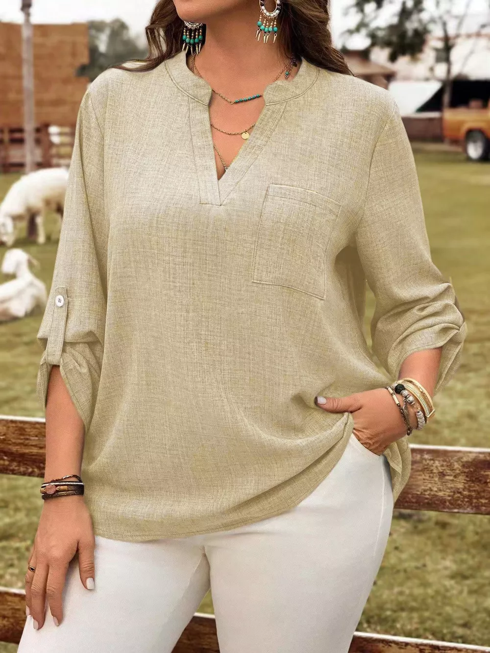 Plus Size Notched Roll-Tab Sleeve Casual Blouse, image 7