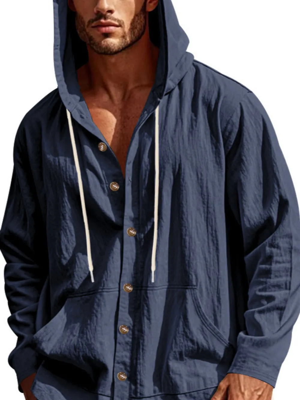 Men's Full Size Drawstring Button Up Hooded Top Plus Size, image 2