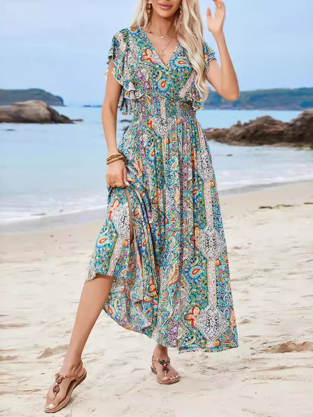 Paisley Print Flutter Sleeve Smocked Maxi Dress, image 2