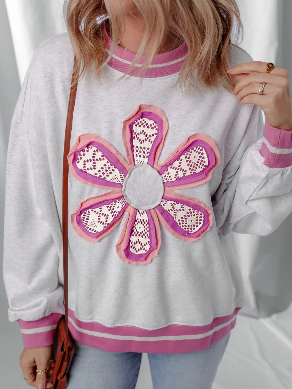 Flower Patch Contrast Trim Crew Neck Sweatshirt, image 6