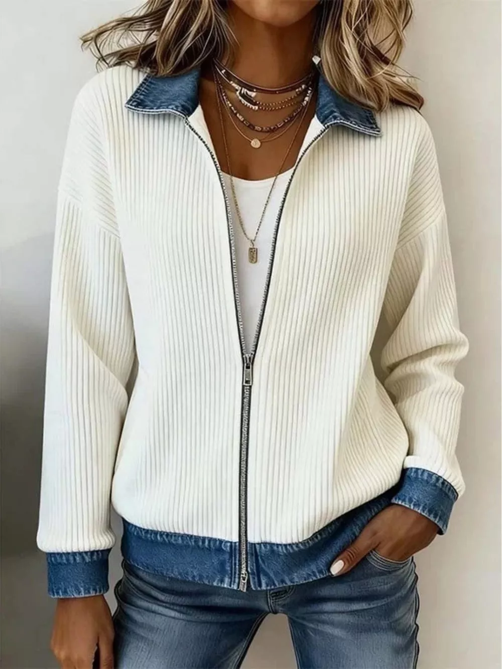 Contrast Denim Collar Ribbed Knit Jacket, image 2