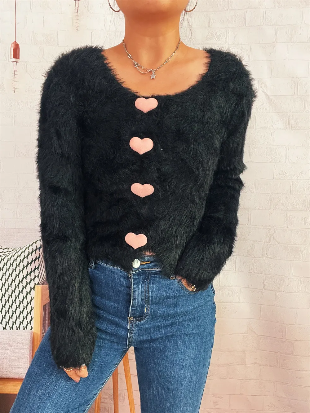 Fuzzy Heart Shape Button-Up Cardigan
