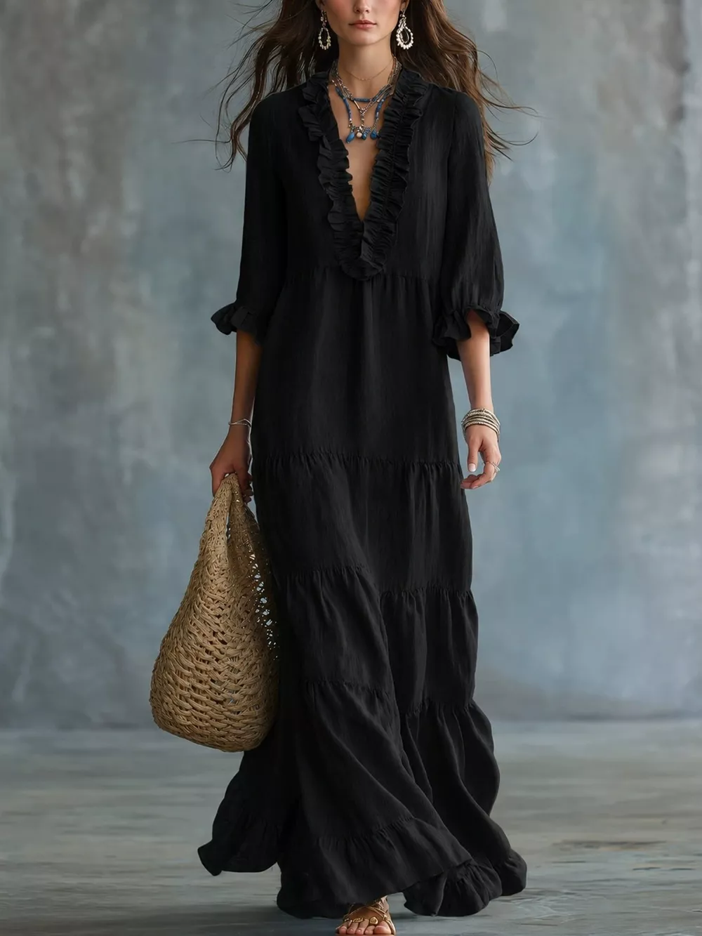 Ruffled V-Neck Tiered Maxi Dress