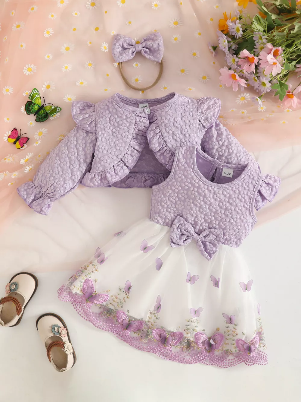 Children's Floral and Butterfly Dress and Cardigan Set with Headband, image 7