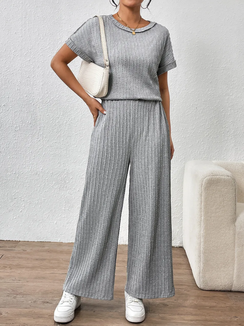 Round Neck Short Sleeve Top and Pants Set, image 3