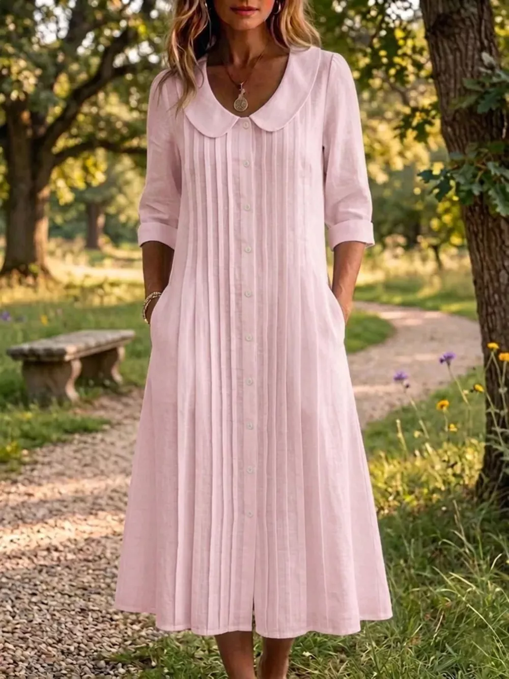 Full Size Peter Pan Collar Button Down Dress Plus Size, image 7