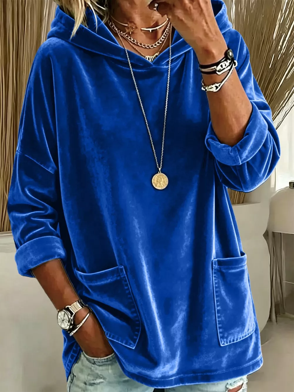 Full Size Velvet Long Sleeve Hoodie with Front Pockets Plus Size, image 2