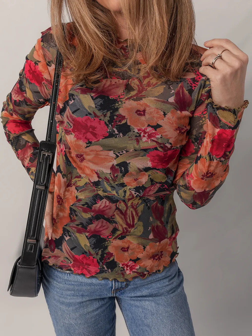 Multicolour Floral Print Lettuce Trim Long Sleeve Mesh Top, image 5