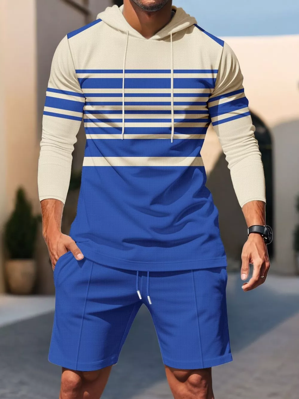 Men's Full Size Striped Hoodie & Shorts Casual Set Plus Size, image 10