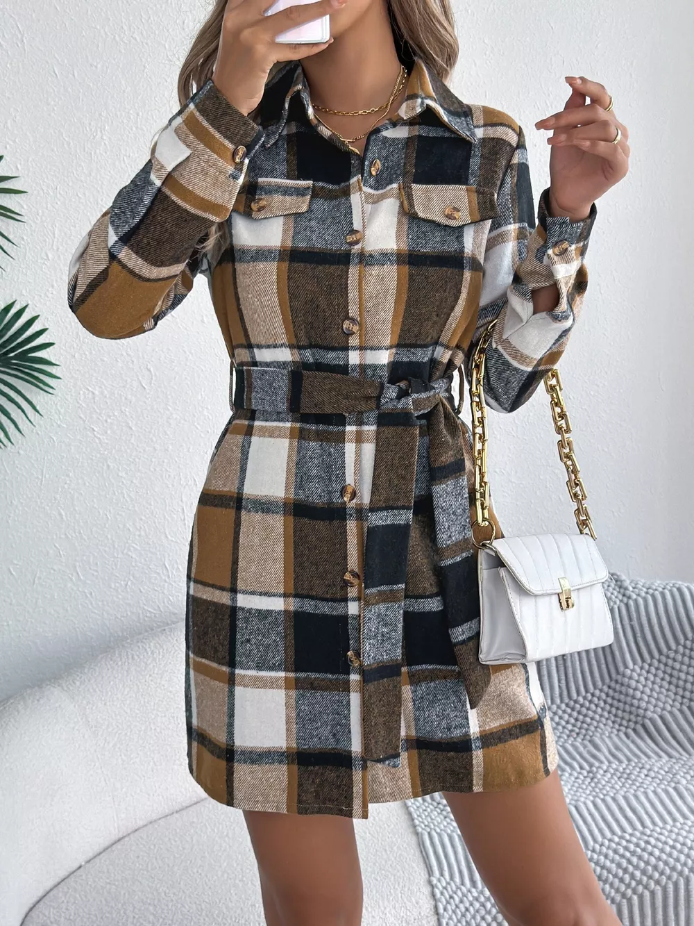 Plaid Button Front Tie Waist Shirt Dress, image 12
