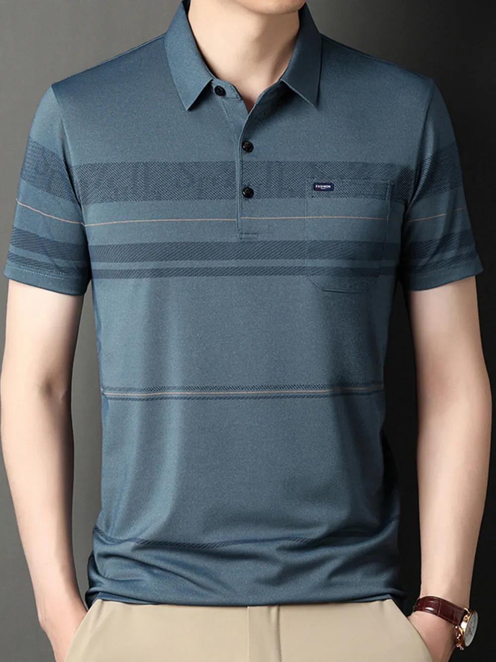 Men's Plus Size Classic Striped Business Casual Polo Shirt, image 3