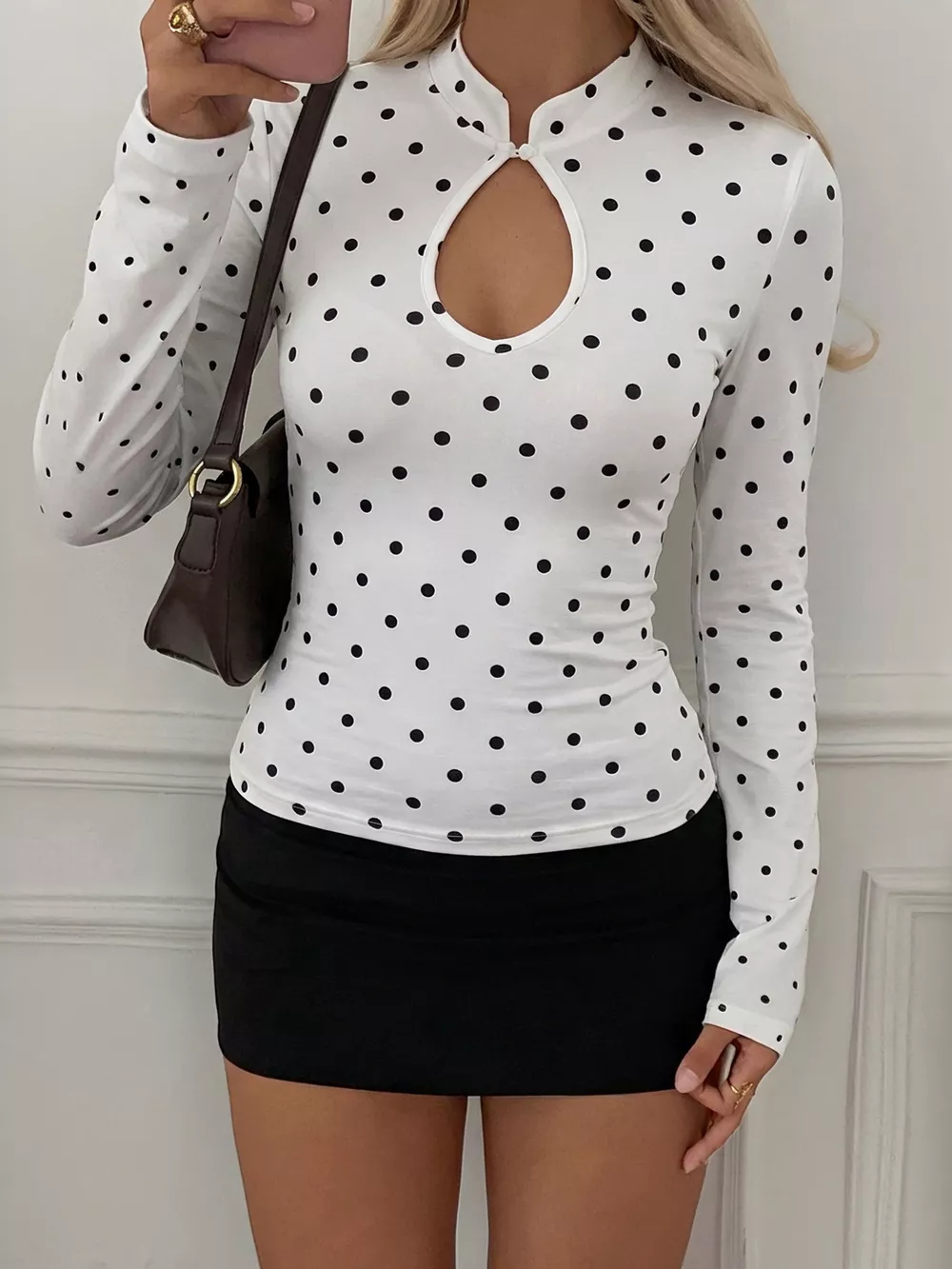 Polka Dot Keyhole Long Sleeve Slim Fit T-Shirt, image 2