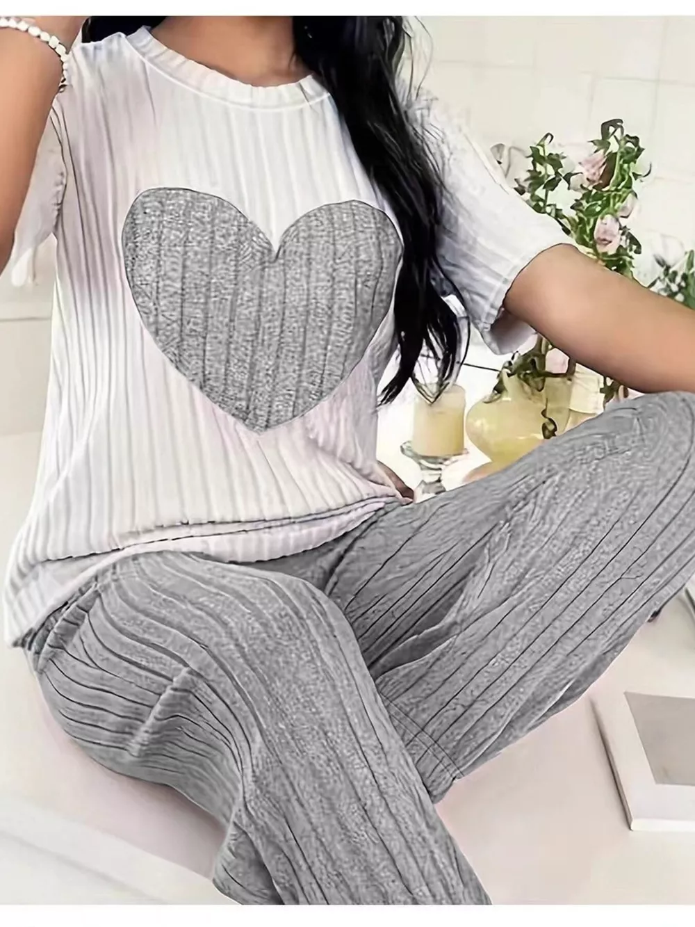 Heart Ribbed Knit Top and Pants Lounge Set, image 10