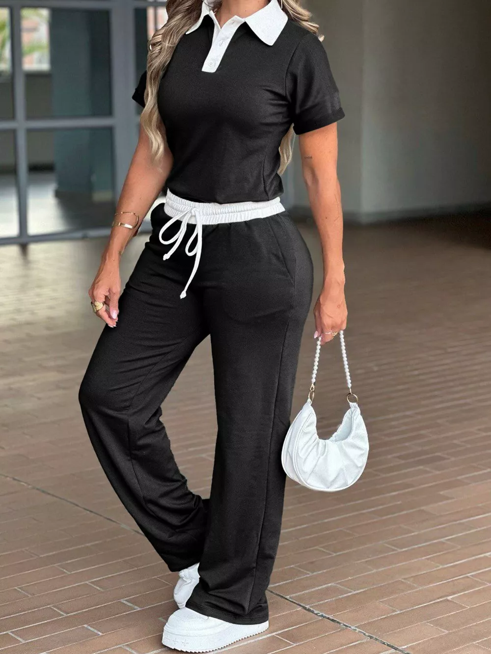 Contrast Polo Collar Top and Pants Set, image 4