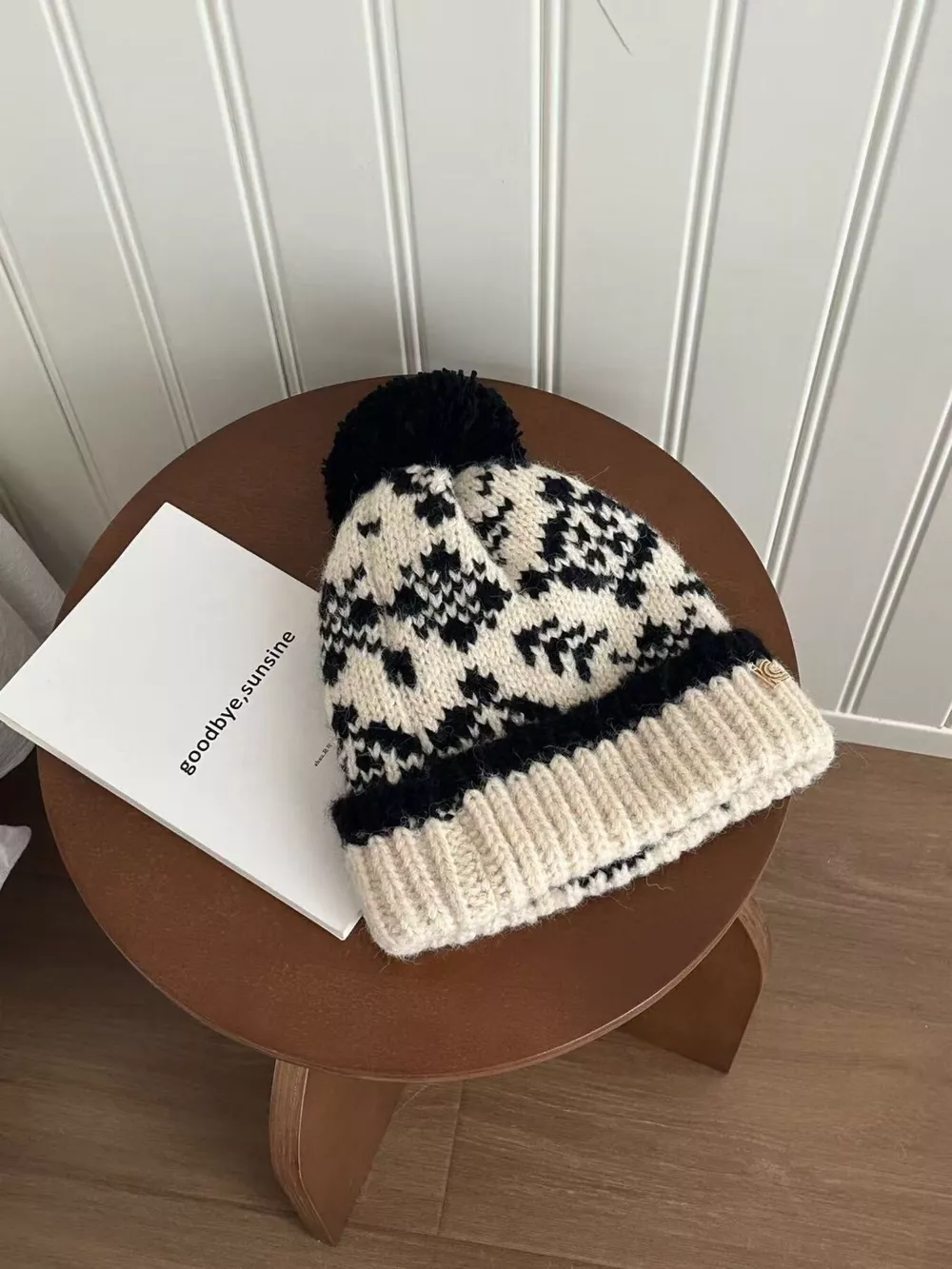 Snowflake Knitted Beanie Hat with Pom Pom