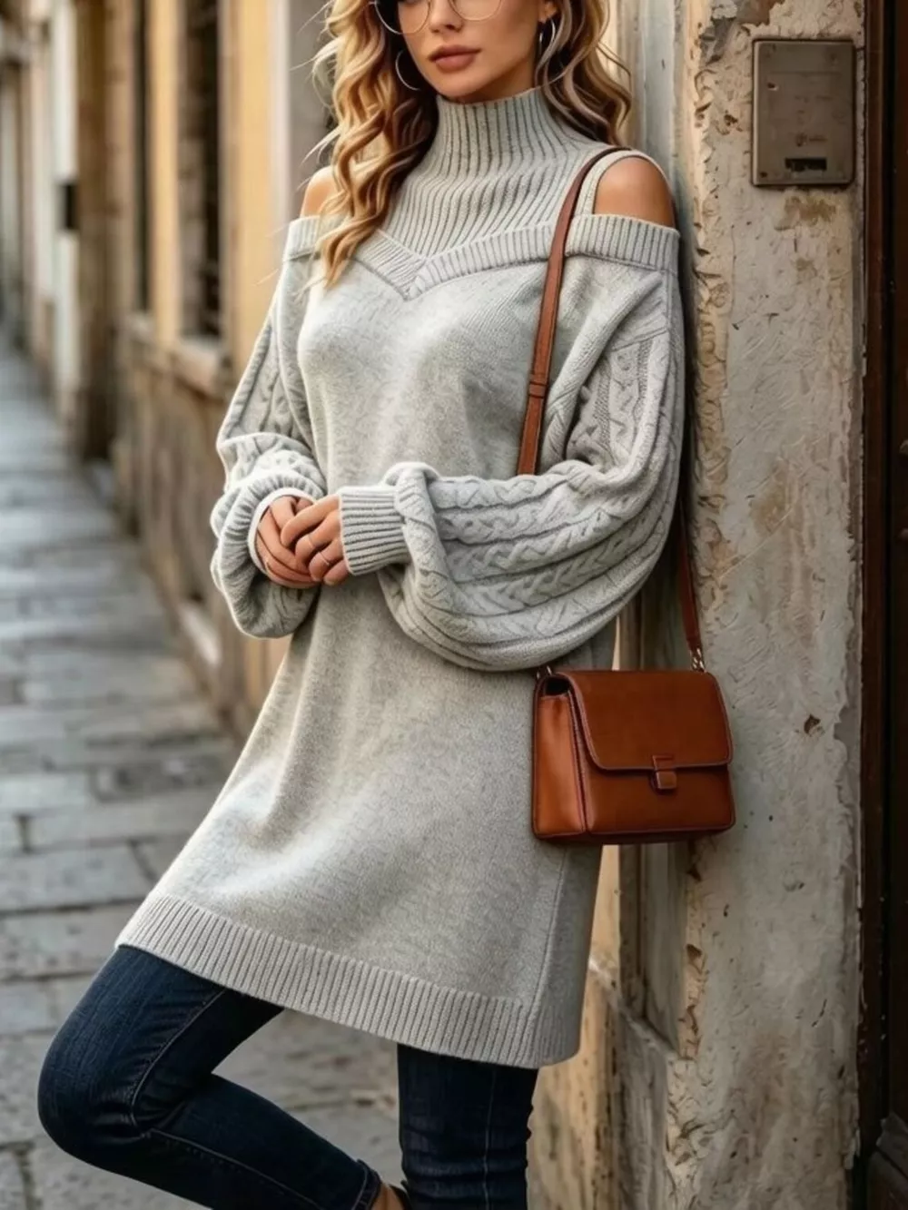 Full Size Cold-Shoulder Cable Knit Turtleneck Oversize Sweater Plus Size, image 7