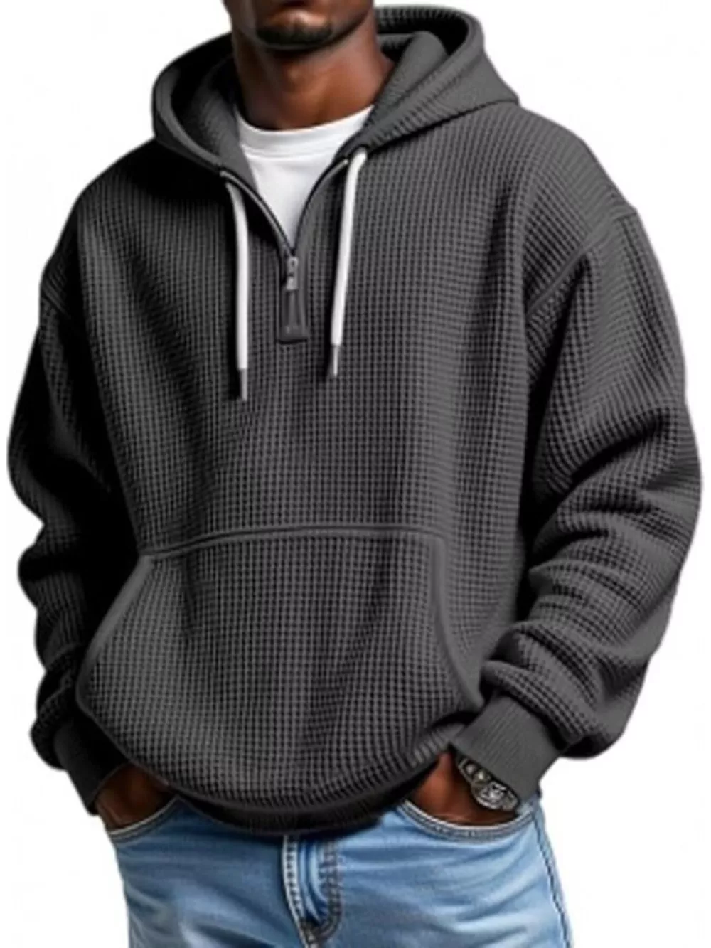 Men's Full Size Waffle Knit Quarter Zip Hoodie Plus Size