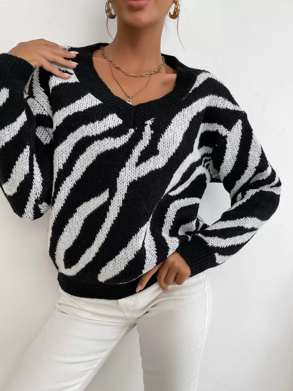 Zebra Print Relaxed Fit Pullover Sweater, image 4