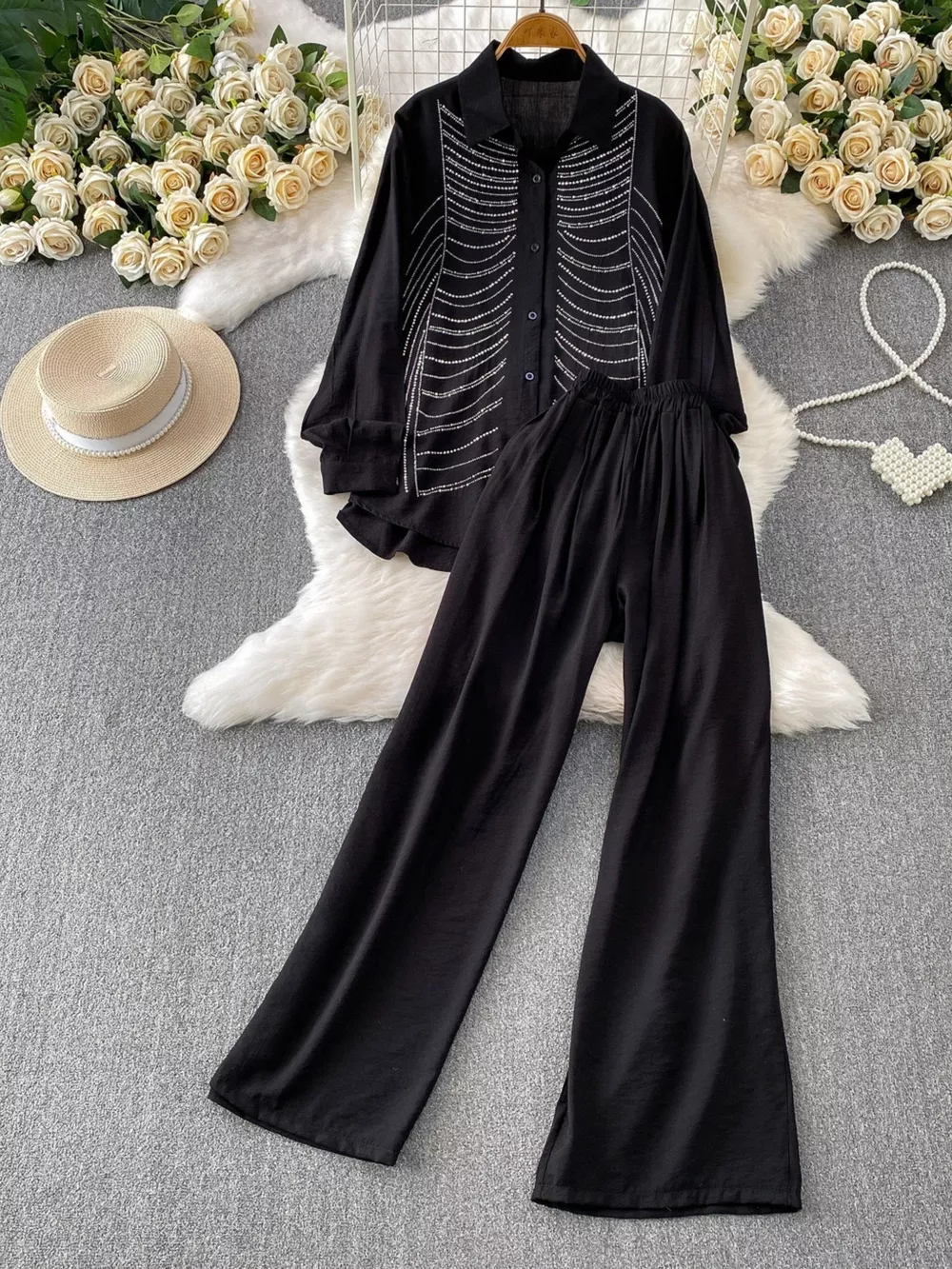 Rhinestone Button Up Shirt and Pants Set, image 2