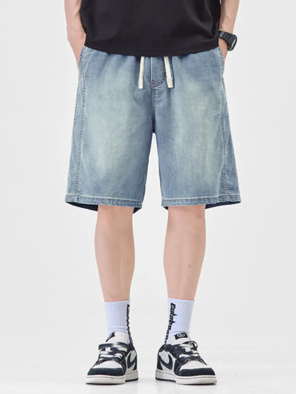 Men's Plus Size Casual Loose Fit Denim Shorts with Drawstring, image 7