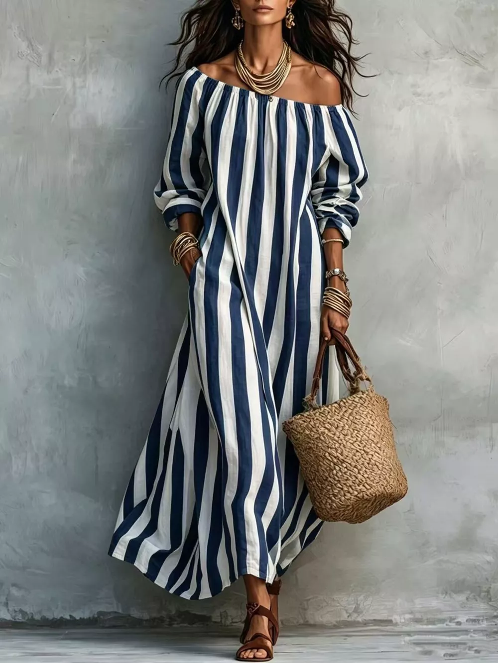 Off-Shoulder Striped Dress with Pockets, image 8