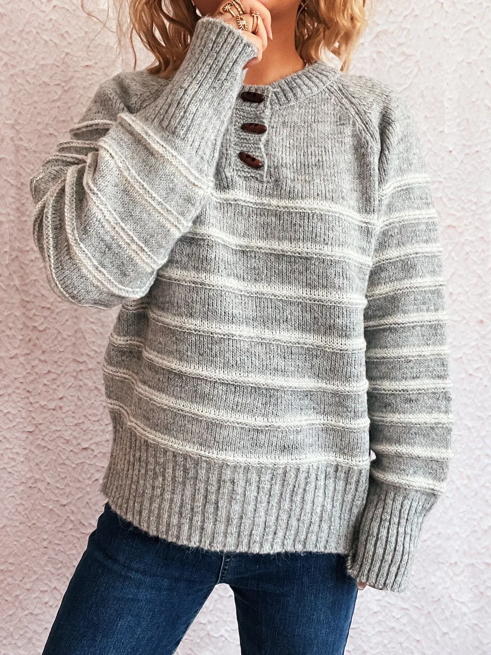 Striped Button Detail Long Sleeve Sweater, image 22