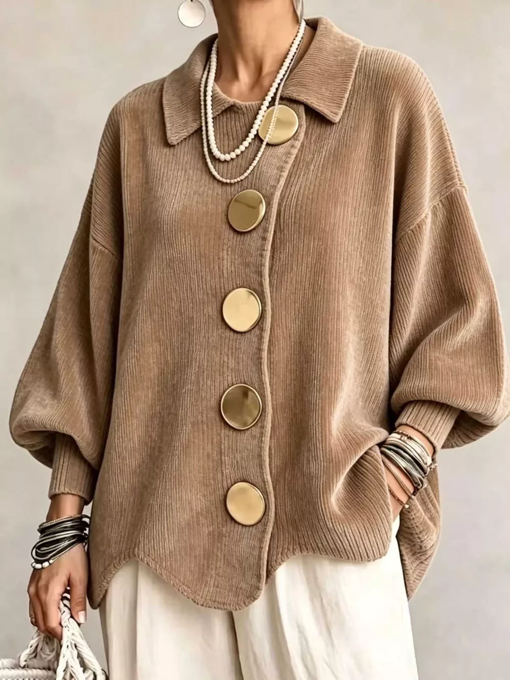 Full Size Ribbed Knit Gold Buttons Cardigan Plus Size, image 19